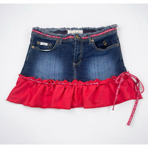 VTG Y2K Baby Phat Denim Micro Mini Skirt Womens Size 8 Red Ruffle Trim Gold Cat